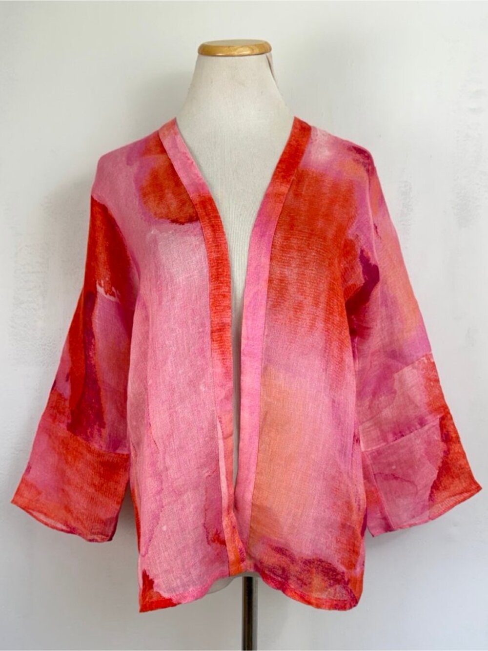 Chicos Jacket Size 0 (Small) NEW Sheer 100% Linen Pink Orange Open Front Brand: